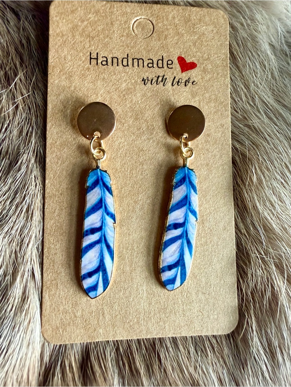 Blue Feather Dangle Earrings with Gold Accents